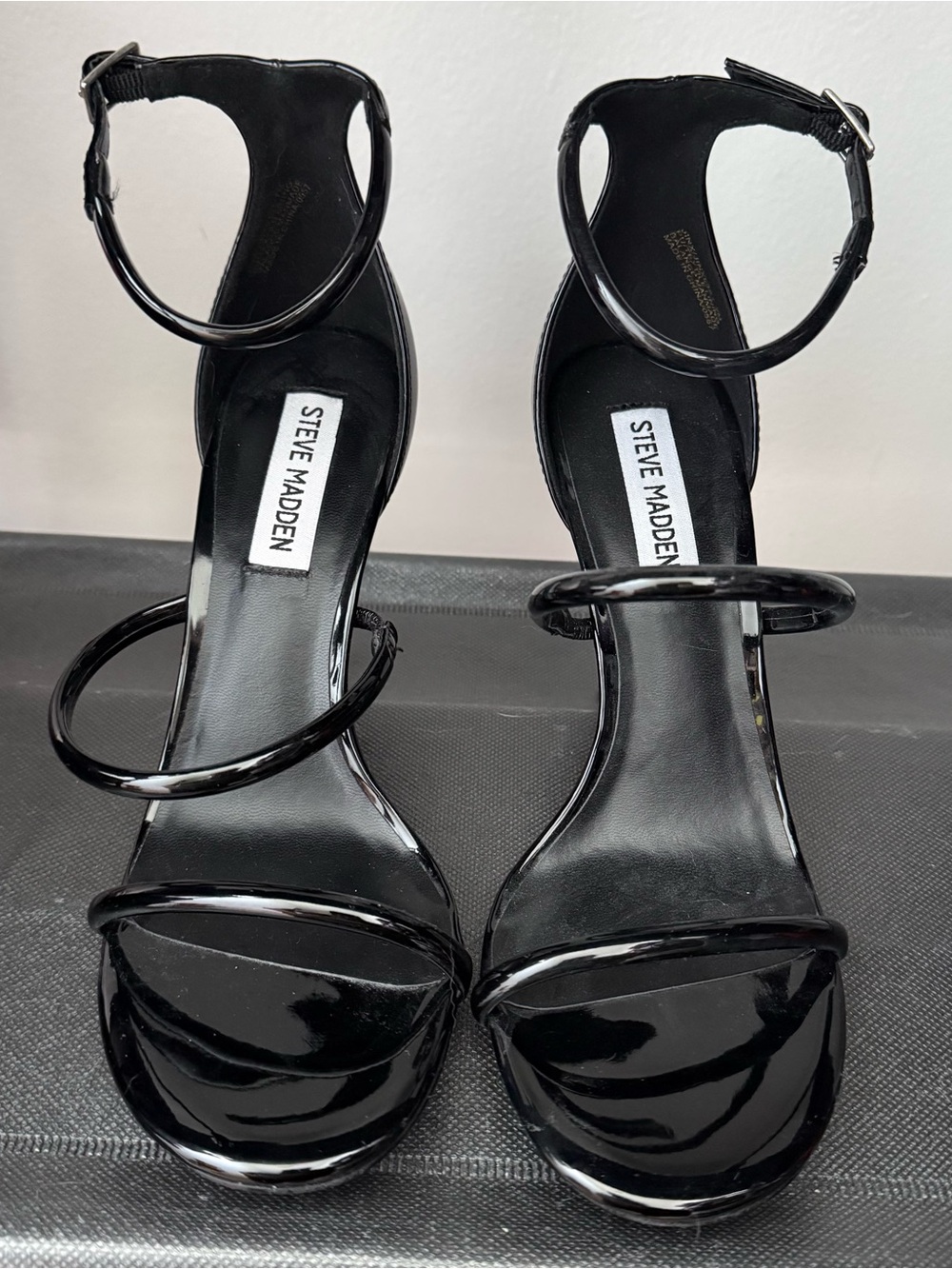 Steve Madden Black Patent Triple-Strap Ankle-Heel Sandals
